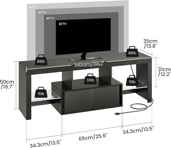 CHOEZON TV Stand with Power Outlet, Modern TV Cabinet for 55 60 inch TVs, Media TV Console with LED Light Strip, Media Entertainment Center with Storage, for Living Room, Bedroom, Black MDS02UDBB - Image 8