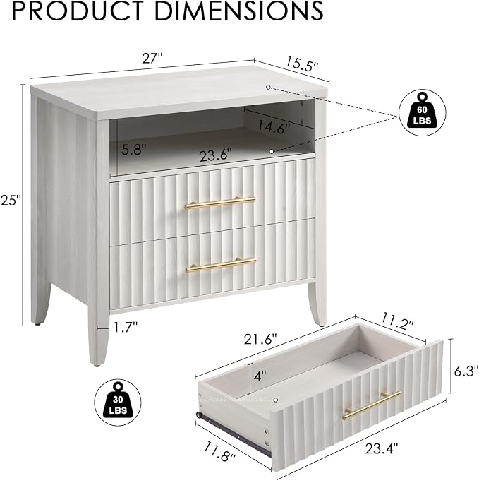 Fluted Nightstand with 2 Drawers, 27" Modern Nightstands Set of 2 with Storage Shelf, Large Queen Size Bedside Table and End Table for Bedroom, Office (Beige, 2 Pieces) - Image 2