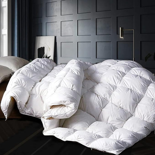 Alanzimo All Season Luxurious White Goose Down Feather Fiber Comforter Duvet Inserts Queen Size - Medium Warmth Ultra Soft 750 Fill Power White Bedding Comforter with 8 Tabs - 90x90 Pinch Pleat