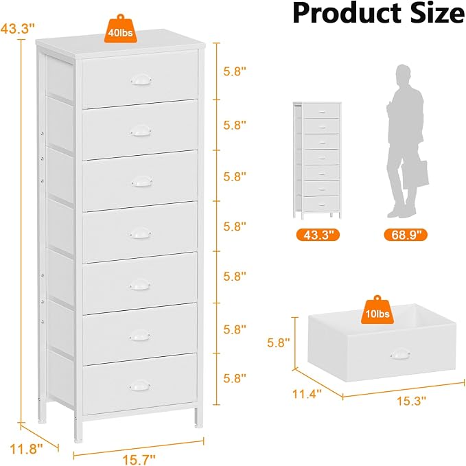 Furnulem White Tall Dresser for Bedroom with 7 Drawers, Vertical Chest of Drawer in Closet, Nightstand Storage Tower Unit Organizer with Fabric Bins for Dorm,Living Room,Entryway,Hallyway - Image 3