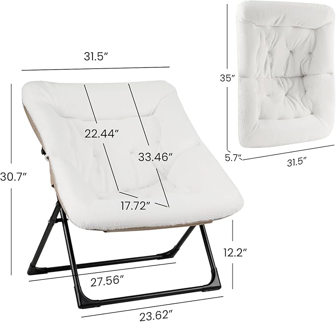 Comfy Saucer Chair for Adults, Set of 2, Soft Faux Fur Bedroom Chair, Accent Dorm Chairs, Flexible Living Room Reading Chairs, Oversized Folding Seat for Teens, X-Large, White