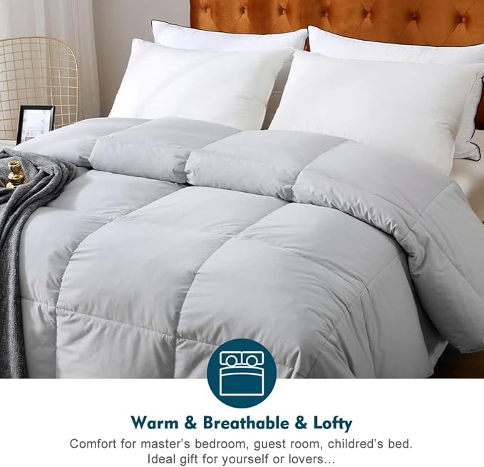 Gray Feathers Down Comforter Twin - 100% Organic Cotton, Medium Warm All Seasons Machine Washable Duvet Insert with Tabs (68x90, Mirage Grey)