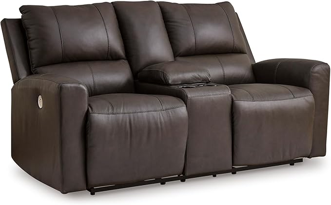 Signature Design by Ashley Boxmere Modern Leather Match Power Reclining Loveseat with Console and USB Ports, Dark Brown