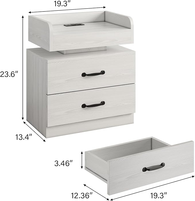 4ever2buy White Nightstand Set of 2 with Charging Station and LED Lights Modern Bedside Tables with 2 Drawers End Table for Bedroom - Image 2