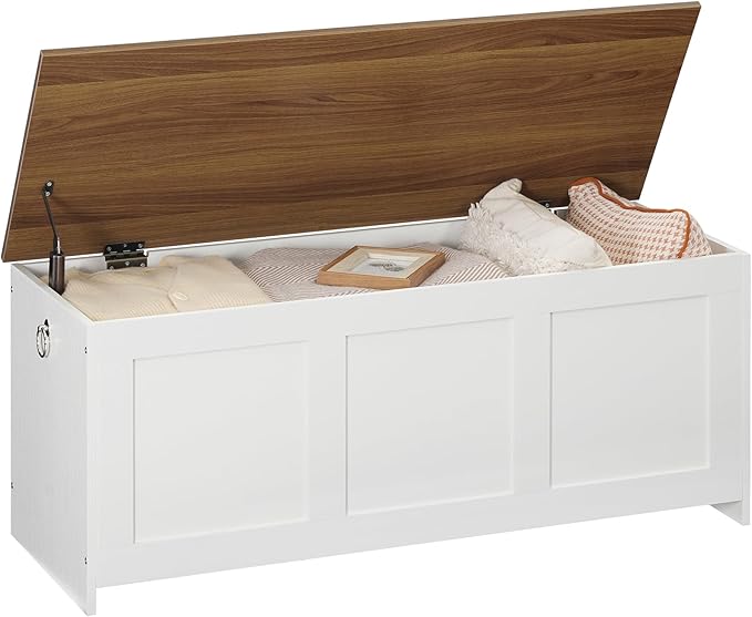 HOOBRO Storage Bench, 39.3" Retro Wooden Storage Chest, Wooden Storage Trunk, Toy Chest with Lift Top, Multifunctional Entryway Organizer, for Entryway, Living Room, White and Walnut WH141CW01 - Image 8