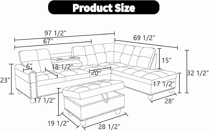 Sectional Couches for Living Room, Convertible 4 Seat Modular Sectional Sofa Set for Living Room, L Shaped Couch or U Shaped Couch with Storage Ottoman for Apartment, Leather White