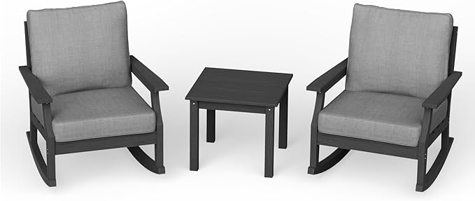 HDPE Patio Conversation Set, 3-Piece All Weather Outdoor Furniture Set with 2 Rocking Sofas for Deck, Lawn, with Cushion, Black