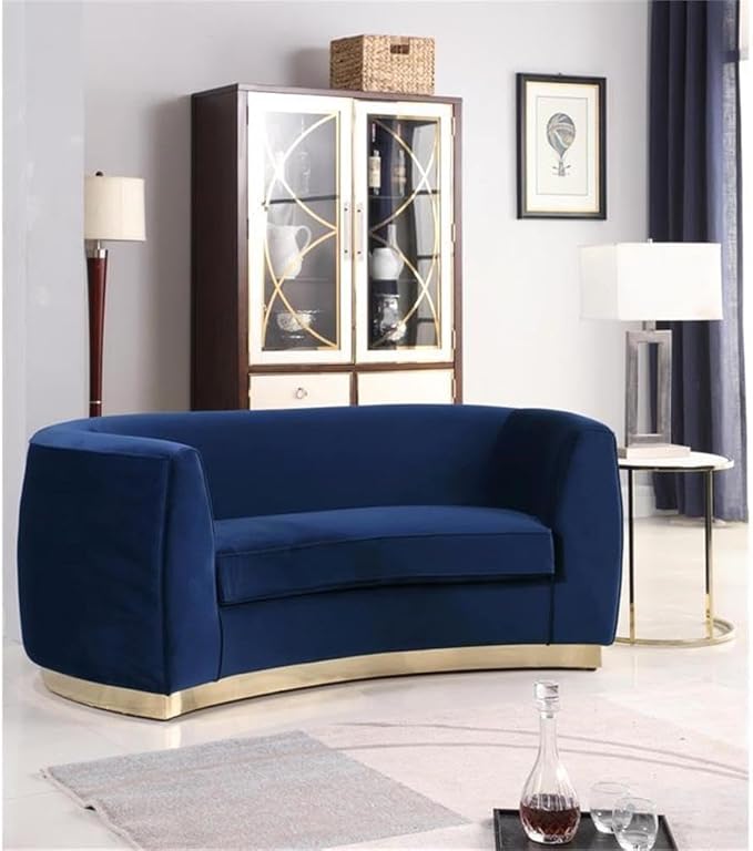 Meridian Furniture Julian Collection Modern | Contemporary Velvet Upholstered Loveseat with Stainless Steel Base in Rich Gold Finish, Navy, 70"L x 34"D x 28"H