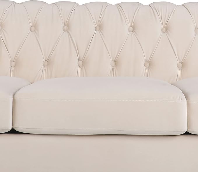 LEVNARY Velvet Chesterfield Sofa, Classic Tufted Upholstered Couch, Modern 3 Seater Couch Long Settee Furniture with Tufted Back for Living Room Office (Beige)