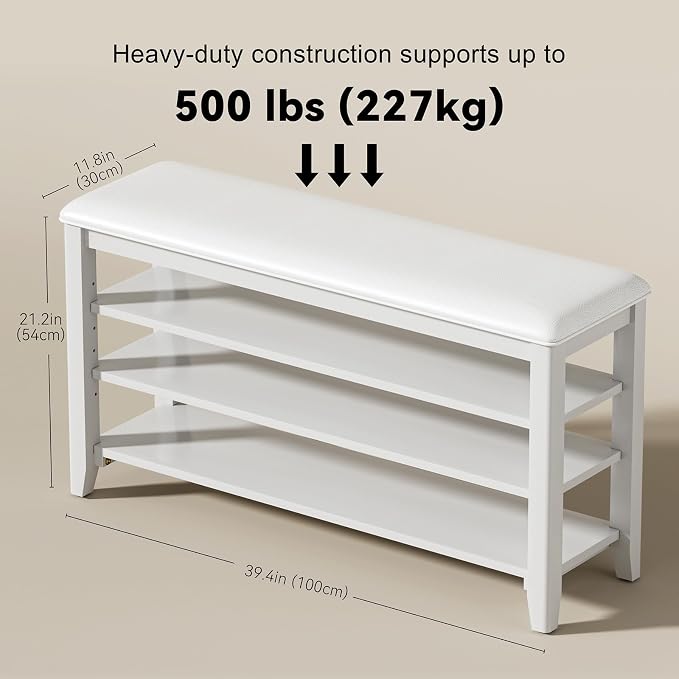 Shoe Rack Bench Entryway Storage with Leather Cushion, Shoe Organizer Bench for Entryway, Ideal for Front Doors Entrances Hallway Mudroom Featuring Rubberwood And 3 Height-Adjustable Removable Shelve - Image 3