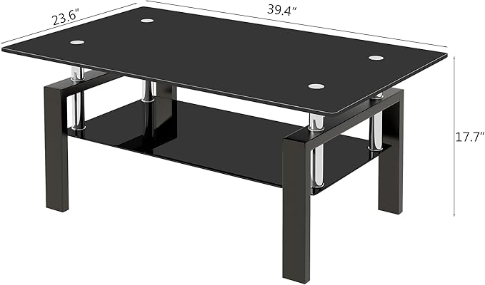 Tempered Glass Coffee Table with Metal Legs Modern Small Coffee Tables for Living Room (Black)