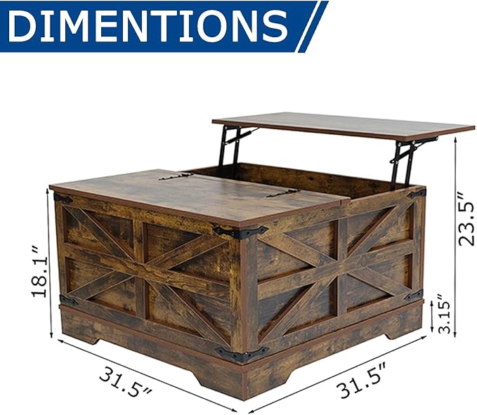 Brown Coffee Table with Storage, Cocktail Table with Hinged Lift Top, Farmhouse Square Wood Center Table with Large Hidden Storage Compartment for Living Room, Square Coffee Table, Metal Edges Decor