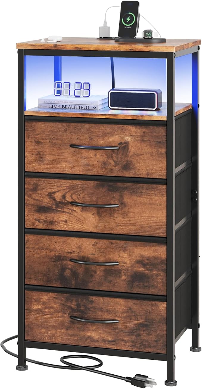 DUMOS Nightstand with Charging Station, Bedside End Table with 4 Fabric Drawers & USB/Type-C Ports and Outlets, Night Stand for Bedroom Furniture, Adjustable Feet and Variable Light Strip, Rust by DumosLifestyle