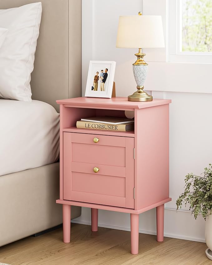 Nightstand, Boho Night Stand with 1 Drawers, Modern Side Accent Table with Open Shelf, Wooden Top Bedside End Table for Bedroom, Living Room, Pink - Image 3