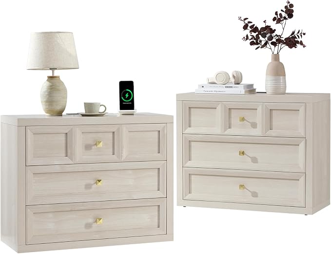 Nightstand Set of 2 W/Charging Station, 30.7" W King Size Bedside Table with 3 Drawers, Accent End Table W/Large Storage, Modern Wood Side Table for Bedroom,Office, Beige by NOWABAY