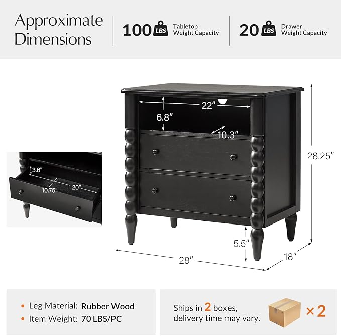HULALA HOME Farmhouse Storage End Table Set of 2 with Spindle Columns, 2 Drawers and Open Shelf Side Table, Solid Wood Fluted Side Table with Charging Station, Black - Image 2