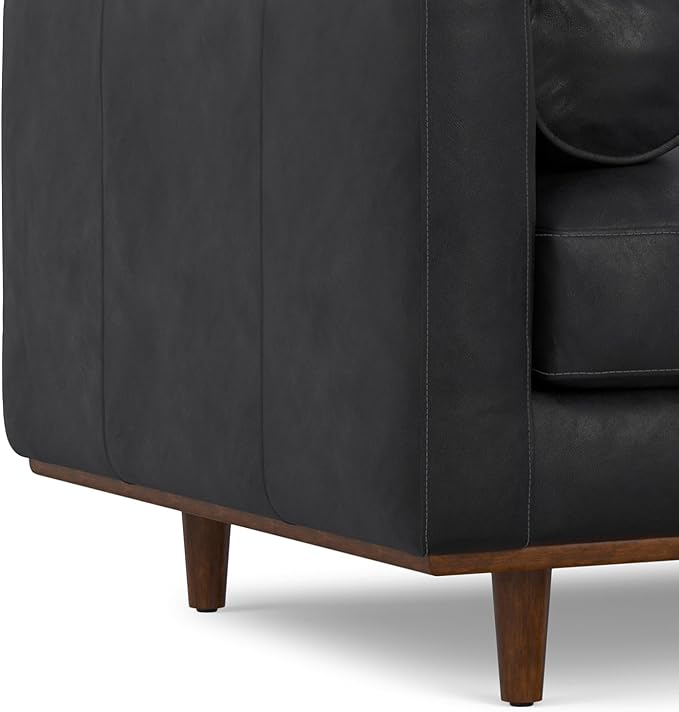 SIMPLIHOME Morrison Arm Chair - 42 inch Wide Upholstered Genuine Leather Mid-Century Modern Accent Chair in Lead Black with Solid Wood Legs, Reversible Bolster Pillows and Reclined Back