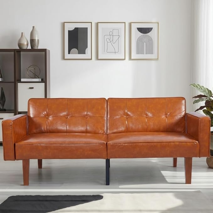 Adjustable Backrest Convertable Sofa, Modern PU Leather 2-Seat Futon Sofa, Convertible Faux Leather Sleeper Couch with Armrests, Couch for Living Room Home Office Spaces