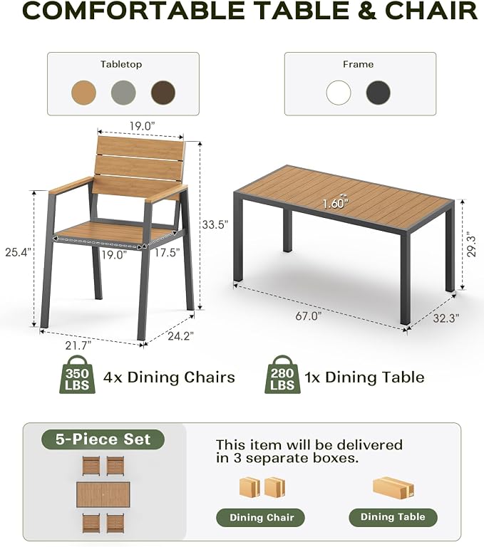 Vexwalx 5-Piece Outdoor Dining Set, Aluminum Dining Table Set for 4, Patio Table and Chairs Set with Umbrella Hole, All Weather HDPS Outdoor Table and Chairs for 4 (Gray-Teak) - Image 7