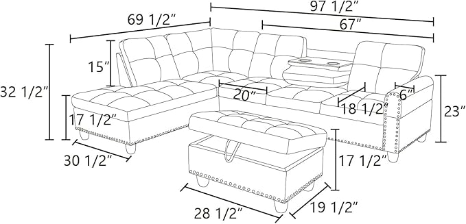 Modular Sectional Sofa Set, Modern L Shaped Sectional Sofa Set with Storage Ottoman & 2 Pillow, 2 Cup Holders, 6 Seat Sofa Couch Set for Living Room, Office, Apartment (Linen, Charcoal Grey)