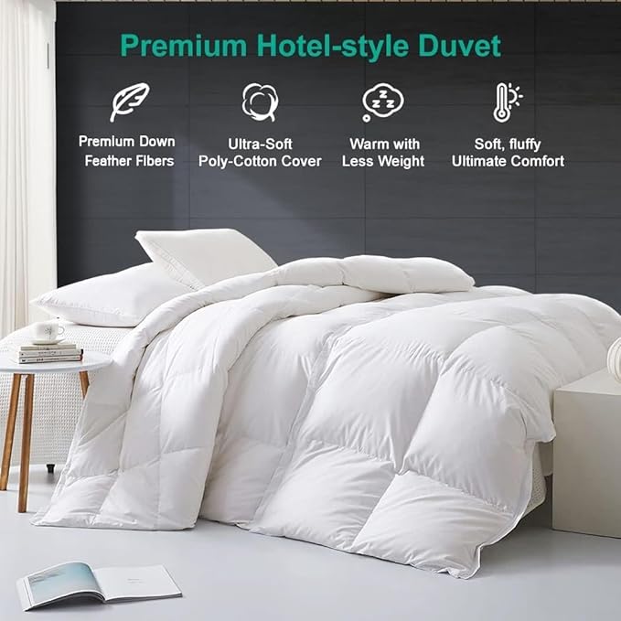 APSMILE Down Feather Fibers Comforter King Size Luxurious All Seasons Duvet Insert - High Bulkiness Hotel Collection Comforter, 54 Oz Fluffy Medium Warmth (106x90, Solid White)