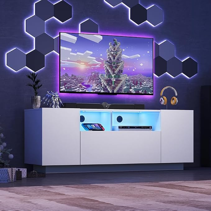 WLIVE TV Stand with LED Lights & Large Storage Cabinet, Modern Entertainment Center for 32/43/50/55 Inch TVs, Sturdy Media Console for Living Room, Bedroom, Gaming, White - Image 2