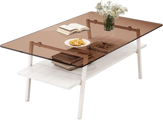 IANIYA Glass Coffee Table for Living Room Small Gold Mid Century Coffee Table for Living Room with Wood Shelves (White Frame, Brown Glass + White Wood)