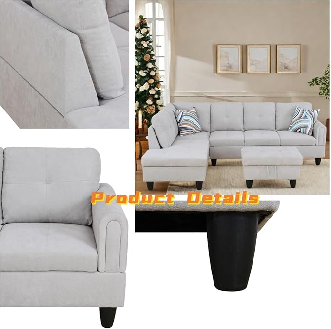 FONTOI L Shaped Sectional Couch with Otttoman, 97" Sectional Sofa for Living Room Flannel Modular Couches with Cup Holders for Bedroom, Apartments, Light Grey