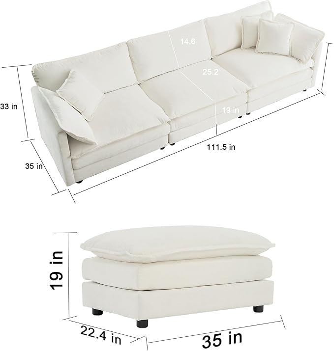 KEIKI Combination Sofa, Upholstered 5 Seater Couch, Oversized U Shaped Sectional Sofa with Reversible Ottoman for Living Room Bedroom Office, White