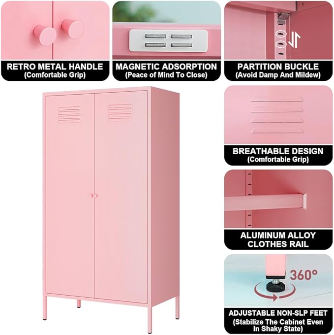 2 Door Metal Cabinet,Classified Storage Tall Storage Cabinet with Hanging Rod&2 Freely Adjustable Shelves, Metal Tall Storage Cabinet for Garage, Storage Room,Home (Steel Cabinet,Pink)