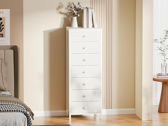 Furnulem White Tall Dresser for Bedroom with 7 Drawers, Vertical Chest of Drawer in Closet, Nightstand Storage Tower Unit Organizer with Fabric Bins for Dorm,Living Room,Entryway,Hallyway - Image 8