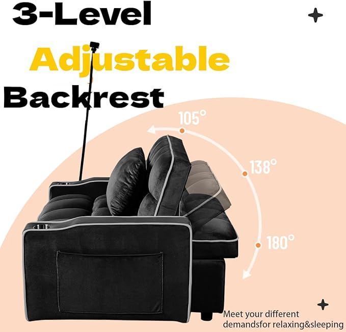 Convertible Sleeper Chair, Pull Out Chair Sleeper with Bracket and Cup Holder, 3 in 1 Sofa Bed Chairs for Adults, Chairs Bed Sleepers for Small Spaces, Living Room, Black