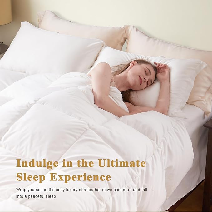 TOPGREEN 100% Organic Feather Down Comforter King Size, Luxury Extra-Fluffy Duvet Insert, All Season Bed Comforter with Ultra-Soft Organic Cotton Case (106x90 Inch, Ivory White)