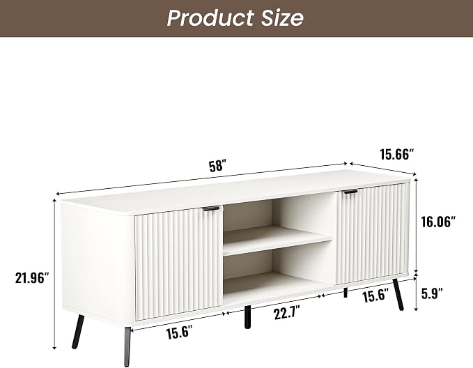 Fatmok TV Stand, 58" Modern Media TV Console Table with Storage for 55/60/65 inch TV, Mid Century Entertainment Center with Fluted Door Cabinets and Open Shelves TV Cabinet for Living Room, Bedroom - Image 2