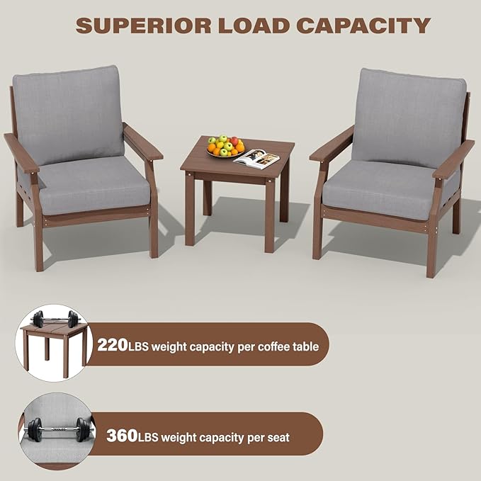HDPE Patio Conversation Set, 3-Piece All Weather Outdoor Furniture Set with 2 Single Sofas for Deck, Lawn, with Cushion, Brown