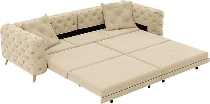Ball & Cast 3-in-1 Convertible Sleeper Sofa with Movable Ottoman,97.7" Velvet Pull Out Sofa Bed, Modern Button Tufted 4-Seater Sofa Couch with Deep Seat for Living Room, Apartment,Office,Apricot