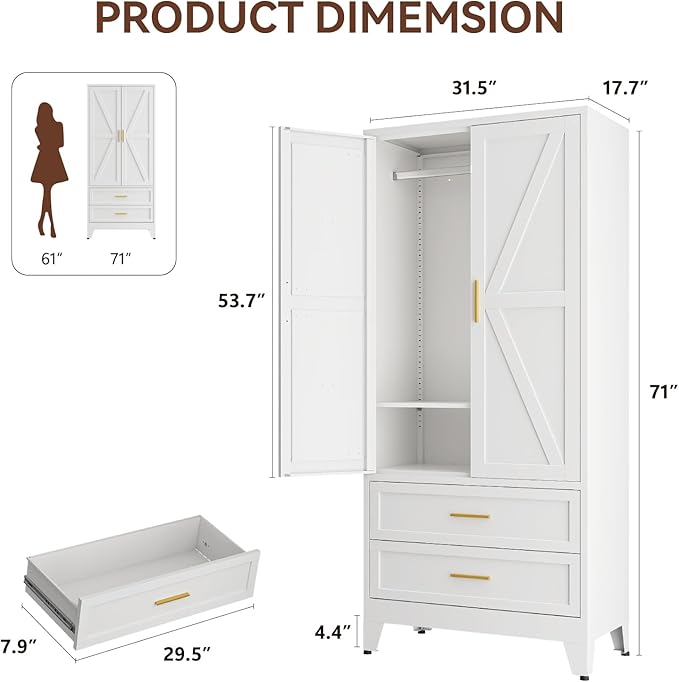 Metal Wardrobe Cabinet, 71" Tall Armoire Wardrobe Closet with 2 Drawers, Hanging Rod and Adjustable Shelf, Farmhouse Clothing Storage Cabinet for Bedroom, Laundry