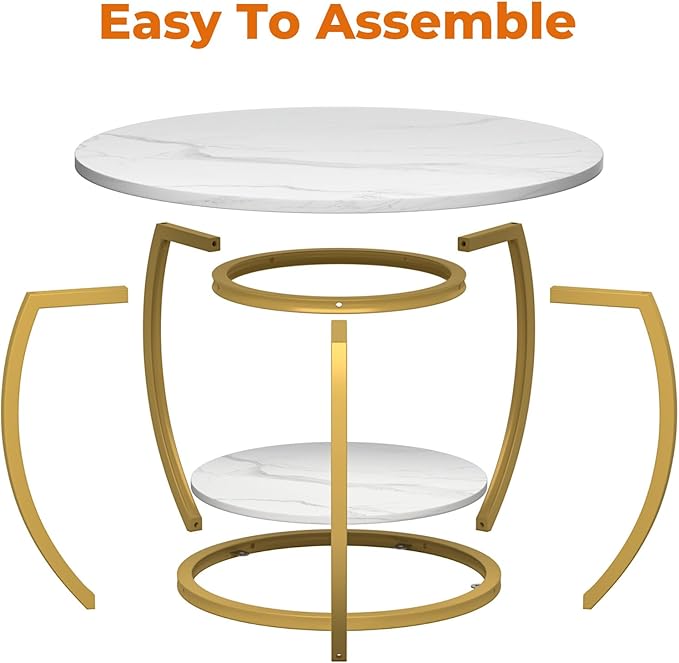 GreenForest Round Coffee Table with 2-Tier Open Storage, 27.6 inch Small Circle Coffee Tables with Adjustable Feet, Modern Mini Center Table for Small Living Room, White and Gold
