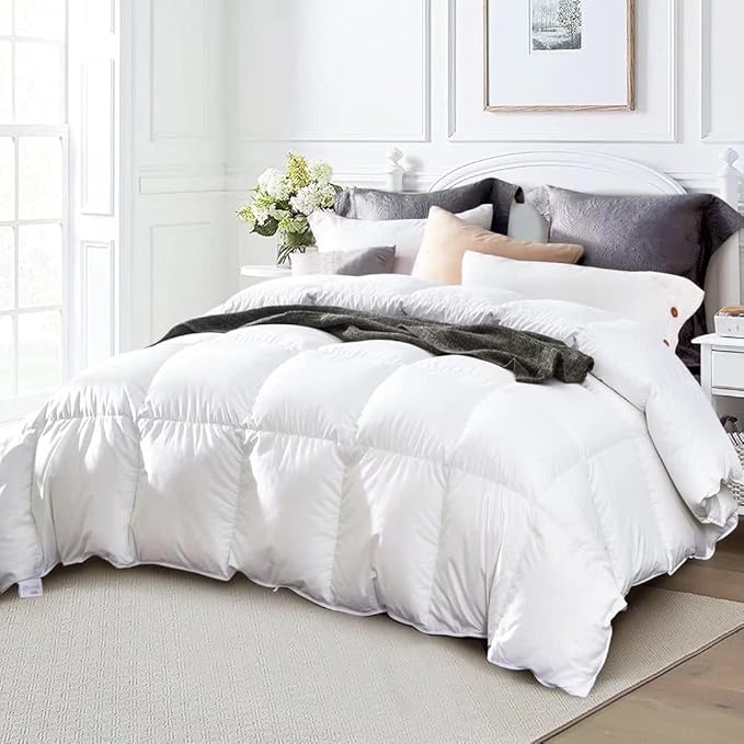 Globon King Size Down Comforter - All Season Duvet Insert with Medium Warmth, Soft and Noiseless Shell,8 Corner Tabs, and Machine Washable - White