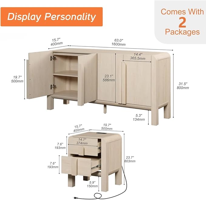 WAMPAT 2 Piece Beige Dresser and Nightstand Set, Modern 63" Wide Dresser Cabinet and Nightstand Set with Charging Station, Wood Storage Closet Chest with Curved Profile Handles for Bedroom