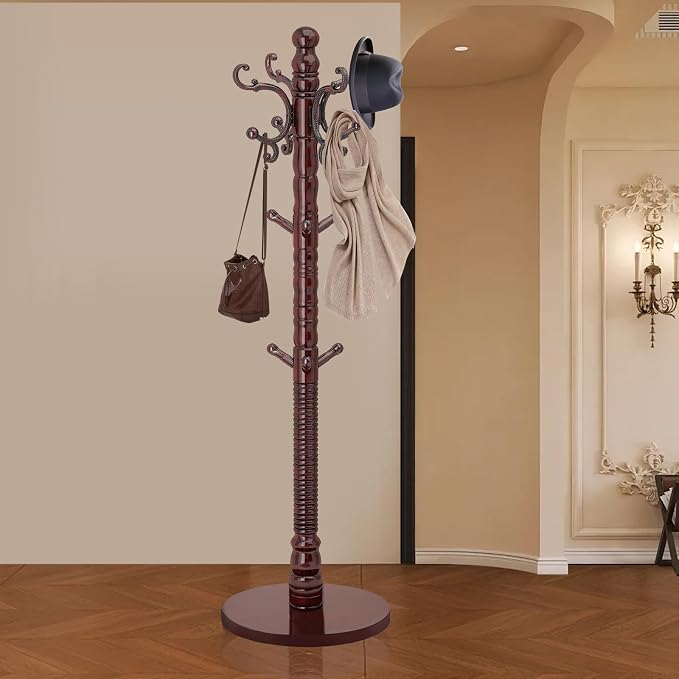 Wood Coat Rack Stand, Vintage Wooden Coat Rack Freestanding with Sturdy Round Base,Classic Coat Racks with 14 Hooks, Natural Birch Wood Standing Coat for Entryway (Vintage Round chassis) - Image 8