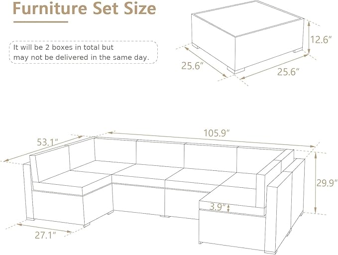 U-MAX Outdoor Sectional Furniture Chair Set with Cushions and Coffee Table,Patio PE Rattan Wicker Sofa, 7 Piece