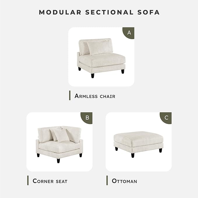 Lexicon 120 Inch Modular Sectional Sofa - Oversized 5 Seater Microfiber L Shaped Sectional Couch with Ottoman, 6 Accent Pillows, and Flexible Arrangement for Modern Living Rooms, Beige