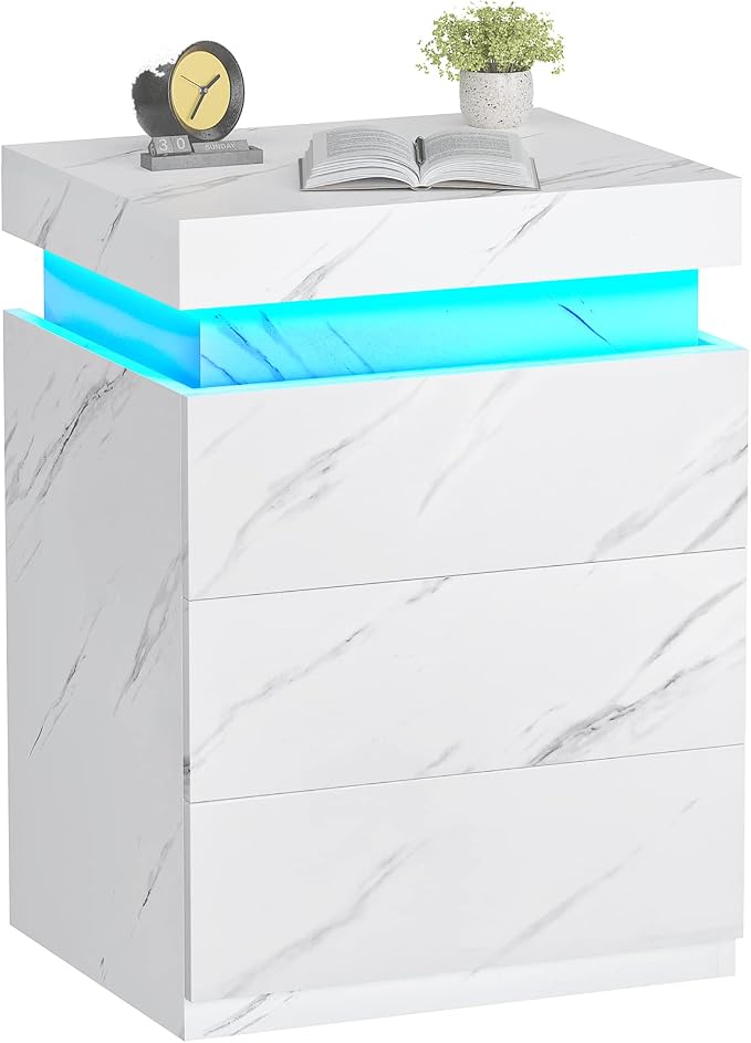 ADORNEVE Nightstand with Charging Station and LED Lights,Night Stand with Sliding Top for Bedroom,Bedside Table with Drawers,Modern End Side Table,White Marble - Image 9