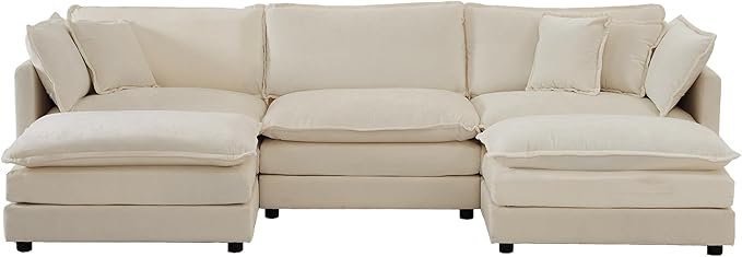 KEIKI Combination Sofa, Upholstered 5 Seater Couch, Oversized U Shaped Sectional Sofa with Reversible Ottoman for Living Room Bedroom Office, Beige