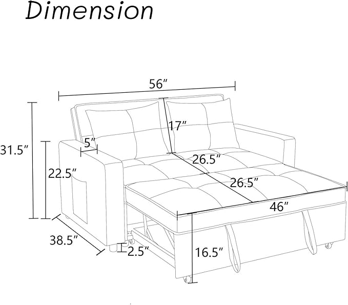 83 Inch Convertible Sofa Bed with Side Pocket, Modular Sectional Couch with Pull Out Bed, L Shaped 2 Seat Sectional Sleeper Sofa for Living Room, Apartment, Black