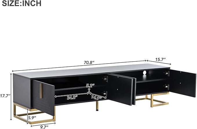 ON-TREND Modern TV Stand with Metal Legs and Gold Handles for TVs Up to 80'', Media Console Table with Cabinets and Adjustable Shelves, Luxury TV Cabinet with Geometric Lines for Living Room, Black - Image 7