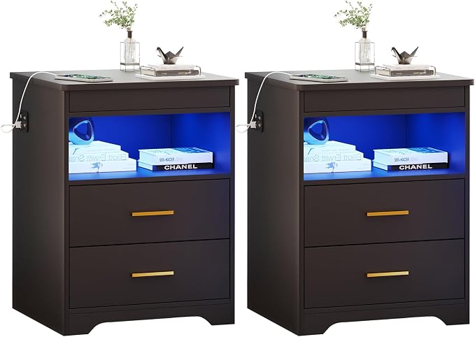 Nightstand Set of 2, Charging Bedside Table with USB & Type-C Port, LED Nightstand with Human Sensor Light, Modern End Table with Gun Drawers for Bedroom Office, Black by FREDEES