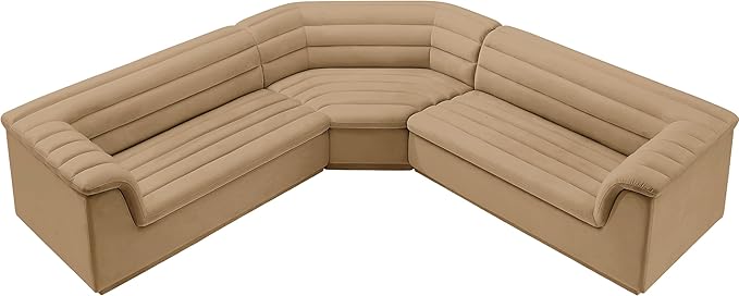 Meridian Furniture 194Camel-Sectional Cascade Collection Modern | Contemporary Modular Sectional with Soft Camel Velvet Fabric, Deep Channel Tufting, Curved Arms, 148" W x 80" D x 28" H, Camel