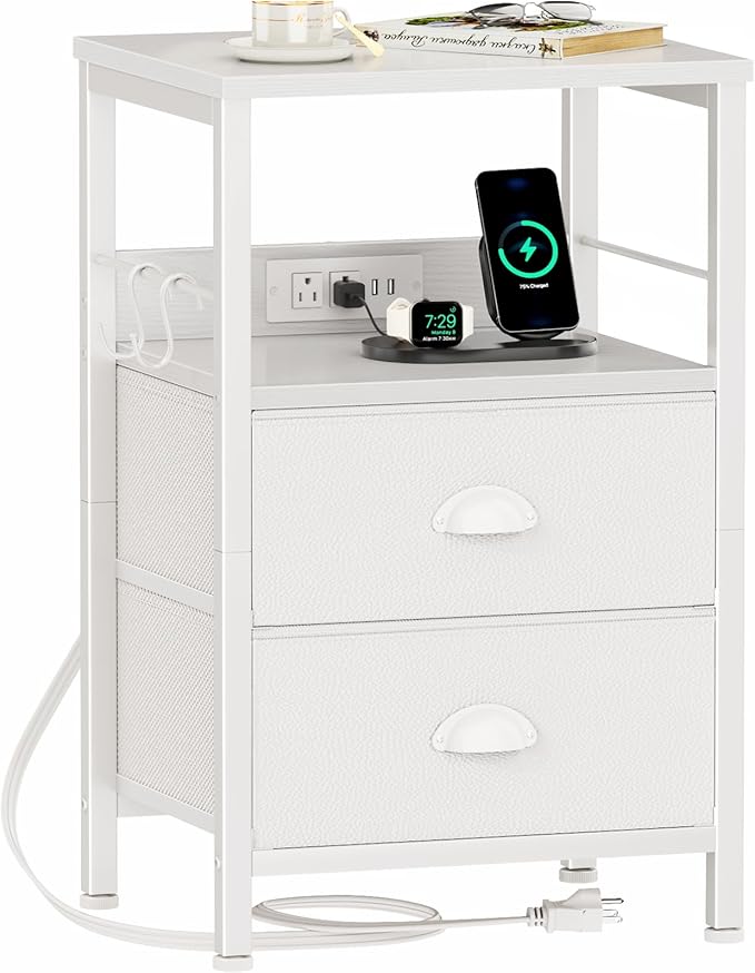 Furologee End Table with Charging Station, Nightstand with Fabric Drawers, Side Tables with USB Ports & Outlets, Night Stand with Storage Shelf & Hooks, for Living Room/Bedroom, White by Furologee